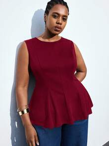 Maija Blusa senza maniche con vita stretta, colore tinta unita, elegante, adatta per l'ufficio, il tempo libero, il Natale e i festa di Capodanno, colore rosso - Bordò - Visualizzare 4
