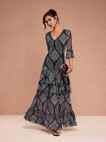 JIAN LASALA All-Over Print Mesh V Neck Ruffled Sleeves Layered Maxi Dress Women Party Vacation Holiday Wear Maxi Dresses With Sleeve Tiered Maxi Dress Boho Maxi Dress Women Long Boho Dress Beach Wedding Guest - Black and White - View 2