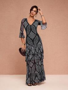 JIAN LASALA All-Over Print Mesh V Neck Ruffled Sleeves Layered Maxi Dress Women Party Vacation Holiday Wear Maxi Dresses With Sleeve Tiered Maxi Dress Boho Maxi Dress Women Long Boho Dress Beach Wedding Guest - Black and White - View 8