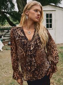 Freevana Women's Chiffon Printed Long Sleeve Shirt, Vacation Wear Leopard Print Ruffle Hem Blouse - Khaki - View 11