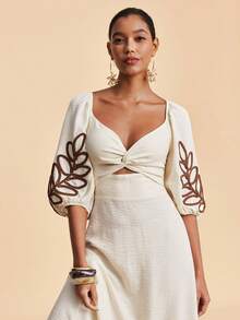 Travachic Đầm dài tay phối màu thêu tinh tế dành cho nữ, thích hợp cho lễ hội Carnival, kỳ nghỉ xuân, mùa hè, ngày Valentine, đi biển, nghỉ mát, đi chơi. - Màu be - Xem 6