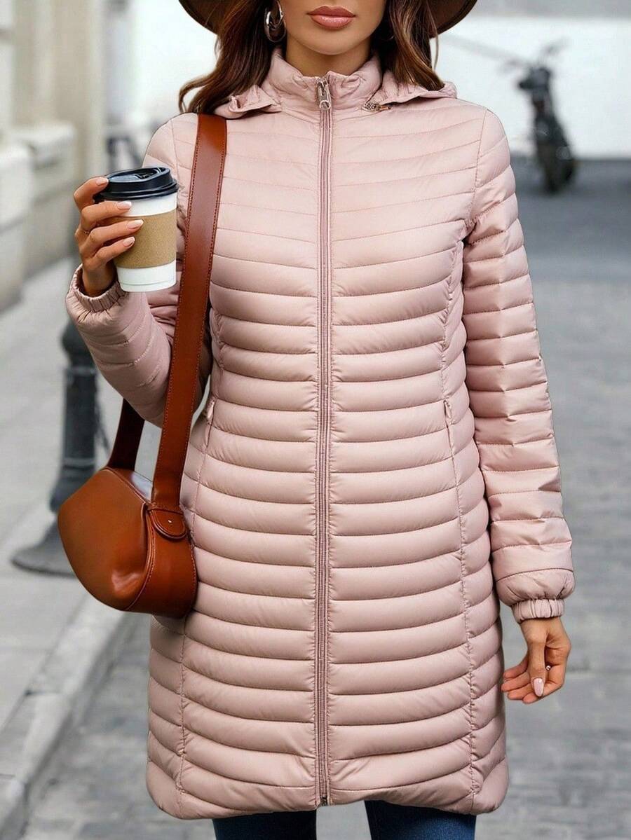 Mujer abrigo casual acolchado largo con diseño ligero tela impermeable color sólido ajuste amplio cuello alto manga larga otoño/invierno uso diario y oficina chaqueta - Rosa - Ver 1
