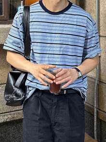 DAZY 男士休闲蓝黑条纹短袖T恤，夏季 - 彩色 - 查看 7