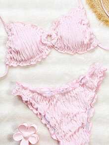 Vaytide 女士泳装 SXY-D 纯色提花面料可爱荷叶边可调节系带休闲沙滩比基尼套装 - 粉色 - 查看 6