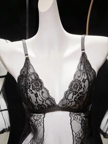 SHEIN 2pcs Women's Sexy Lace Mesh Nightgown And G-String Set - Black - View 4