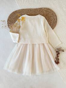 SHEIN 2pcs/Set Young Girls Round Neck Long Sleeve Jacket Top + Sleeveless Mesh Skirt Dress, Apricot Bow Elegant Casual Birthday Dress Outfit, Suitable For Daily Outing, Travel, Holiday, Party - Apricot - View 2