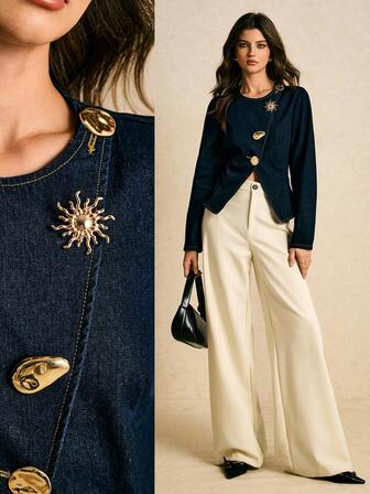 Poéselle 女士纯色简约日常金属扣装饰长袖牛仔衬衫深蓝色牛仔外套秋季女装长袖女式衬衫圣诞节女装长袖上衣女式背带裤