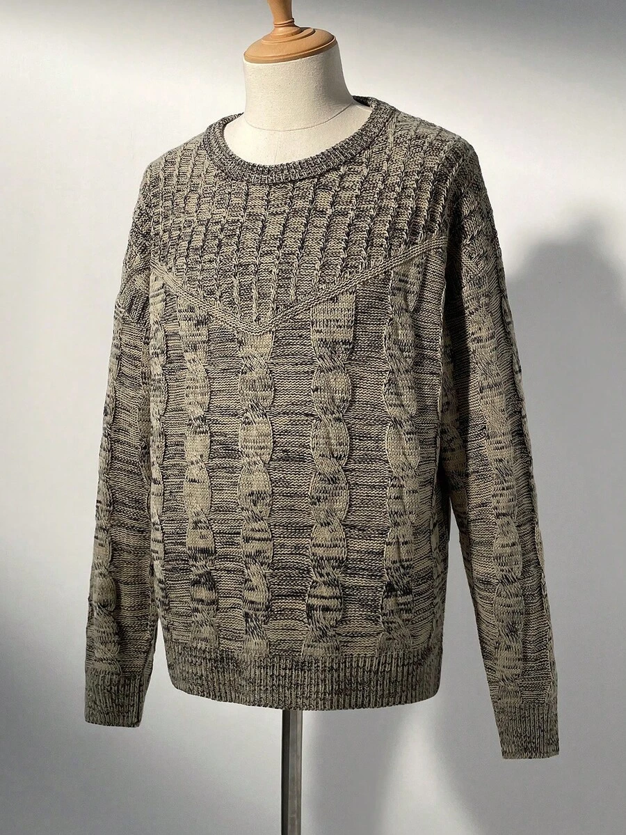 Manfinity Homme Men's Casual Cable Knit Crew Neck Long Sleeve Sweater, Autumn/Winter - Khaki - View 1