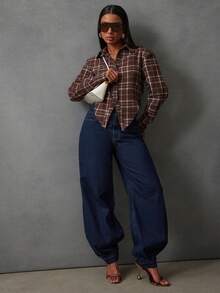 NYA SZN 高腰灯笼裤，深色水洗，适合节日、冬日、春季、圣诞节、新年、光明节等节日穿着，街头休闲风，女款 - 深色水洗藍 - 查看 1