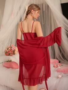 2pcs Mature & Sexy Chiffon Camisole Dress & Mesh Robe Sleepwear Set For Women Bride Lace Sleepwear Red Sleepwear 2piece Nightgown Red Night Gown Sexy Sleepwear Women