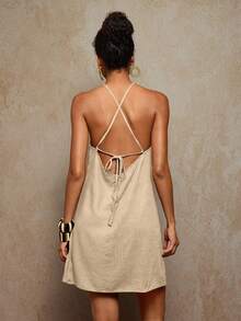 Travachic Đầm cổ yếm đính hạt thời trang cho kỳ nghỉ của phụ nữ, màu nâu, trang phục mùa thu cho phụ nữ, phong cách Bohemia, trang phục mùa thu cho phụ nữ, thời trang mùa thu mới cho phụ nữ - Màu be - Xem 2