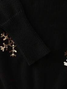 Franclia Gaun Sweater Rajut Lengan Panjang Pas Badan dengan Motif Kepingan Salju Berhiaskan Payet Emas Mewah, Gaya Serupa, Gaya Blogger Baru Eropa & Amerika. - Hitam - View 3