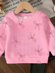 Playful Pals 2 件套甜美女童可爱简约蝴蝶结图案针织柔软圆领长袖运动衫和紧身裤套装，适合秋冬季，舒适休闲，秋季分层穿着之选，时尚装扮，适合返校、户外、摄影、居家、校园、节日、礼物 - 彩色 - 查看 5