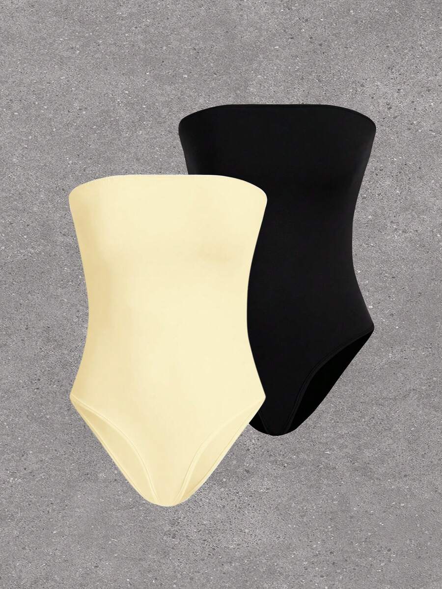 SHEIN EZwear 2件套纯色无肩带塑身连体衣无缝丁字裤女士收腹瘦身连体衣 - 彩色 - 查看 1