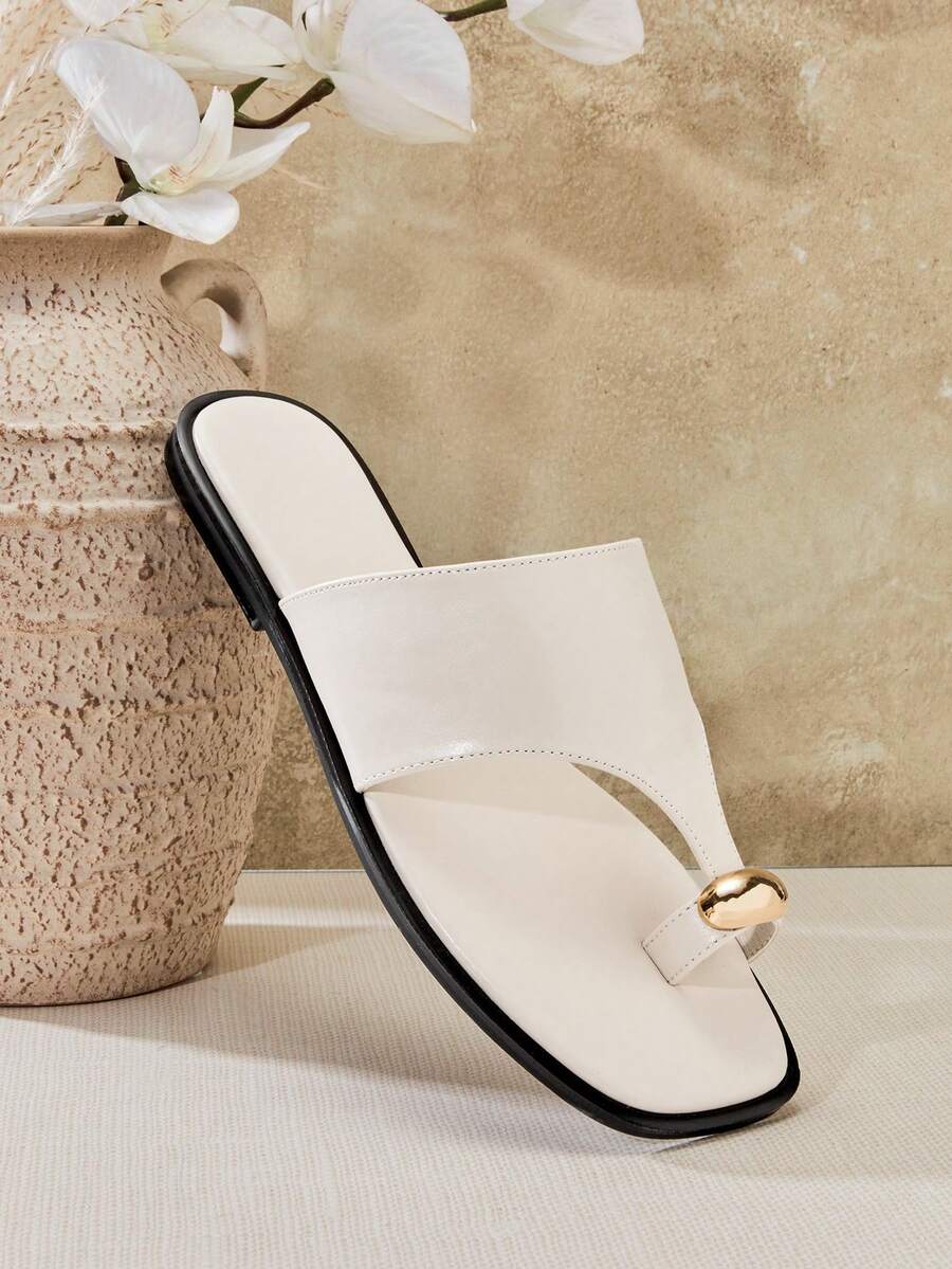 SHUZIA Women's Outdoors Flat Sandals Toe Ring Slip On Open Toe Slide Sandals - Beige - View 1