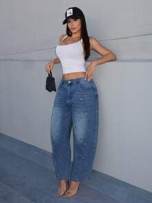 Shopreo Celana Jeans Denim Kasual dengan Tampilan Lusuh dan Dekorasi Kancing Logam, Potongan Kaki Melengkung. - Biru - View 6
