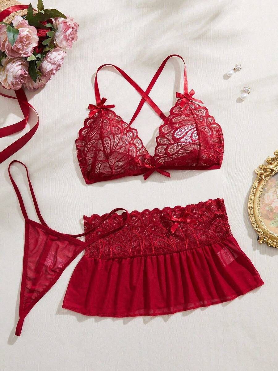 Snug Zone 3pcs Lace Patchwork Lingerie Set For Going Out - Burgundy - View 1