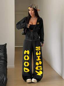 StreetHx 2000s Style Women Casual Streetwear Distressed Pattern Loose Fit Sweatshirt 2 Pieces Set - Black - View 3