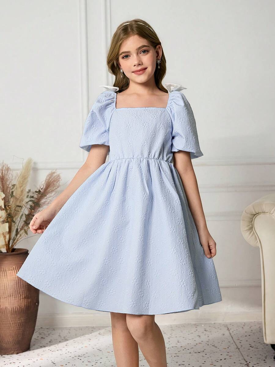 Girls' Square Neck Puff Sleeve A-Line Dress With Bowknot Decor, Textured Fabric, Elegant & For Christmas Party