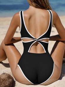 Swim SPRTY 女士沙滩装，单色花卉镂空露背泳衣，U领，简约性感时尚休闲度假运动优雅款