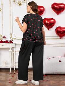 EMERY ROSE Plus Size Women's Heart Print Drawstring Blouse And Wide Leg Pants 2 Pieces Set,Black And Red Summer Casual Everyday Commuter Vacation Elegant Outfit - Multicolor - View 2