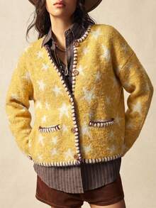 Bohemela 波西米亚风春/冬外套，女士休闲复古星形提花双口袋多功能长袖开襟羊毛衫，西部乡村风格，适合海滩度假、日常穿着、返校、外出、派对、新年、情人节、2000年代复古风、Y2K夏季假期、海滩 - 黃色 - 查看 5
