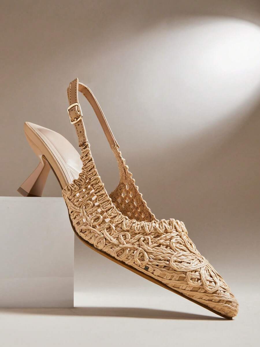 SHUZIA Women's Raffia Pointed Toe Slingback Heeled Pumps– Elegant, Handwoven & Vacation-Ready. Valentine's Day - Beige - View 1