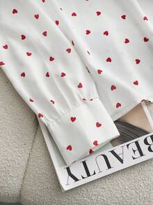 Franclia French Fashion Casual Versatile Loose Flattering Heart Print Long Sleeve Blouse, White & Red, New Autumn/Winter Outerwear Cherry Shirt Blouse Strawberry Shirt Women Queen Of Hearts Shirt - White - View 3
