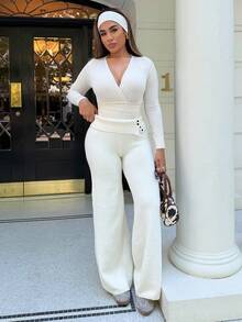 Maria Perezxox Women's Autumn And Winter Clothing Home Simple Comfortable Sweet Casual Thermal Lined Warm White Double-Layer Waist Design Buttons Asymmetrical Beige Simple Sweater Trousers, Daily Wear,Fall - White - View 4