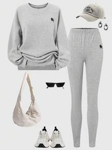 Sparklyn Bộ 2 món/Bộ đồ thể thao thường ngày màu xám cho thiếu niên và quần legging cạp cao - Xám - Xem 1