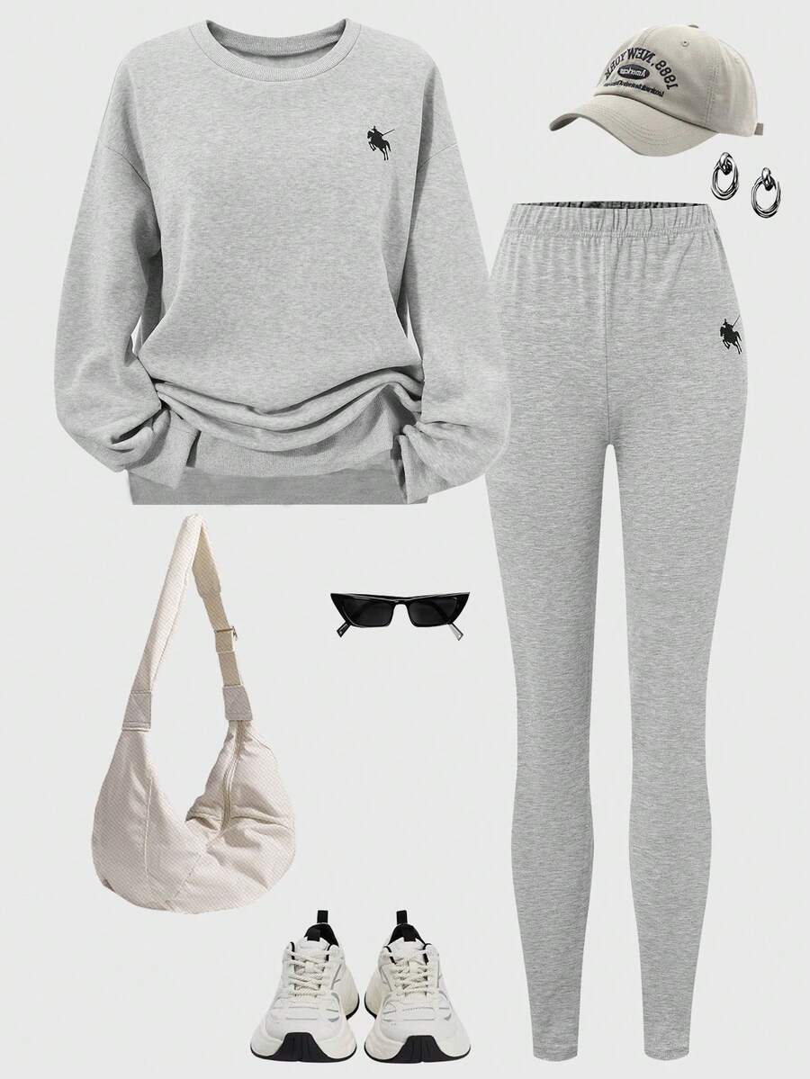 Sparklyn Bộ 2 món/Bộ đồ thể thao thường ngày màu xám cho thiếu niên và quần legging cạp cao - Xám - Xem 1