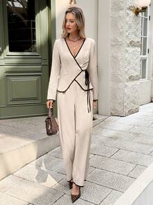 SHEIN Frenchy 2pcs Women's Elegant Black And Beige Contrast Trim Wrap Tie Front Long Sleeve Top And Wide Leg Pants Set,French-Style Office Autumn Commuting Suit - Apricot - View 1