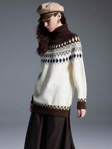 MYSTAURA Women's Casual Colorblock Geometric Pattern Turtleneck Sweater, Autumn/Winter - لون مشمشي - مشاهدة 4