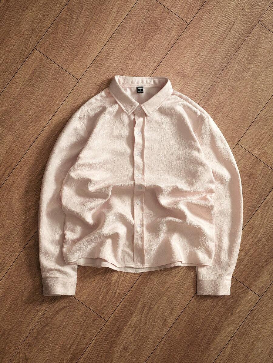 TOKVUE 男士休闲百搭纯色提花长袖衬衫 男士缎面衬衫 米色纽扣衬衫 男士长袖纽扣衬衫 日系衬衫 男士杏色衬衫 - 粉色 - 查看 1