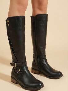 Bota alta mujer con tachuelas punta redonda cremallera lateral tacón bajo estilo ecuestre para oficina y viajes - Negro - Ver 3