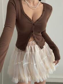 DAZY 女士深V领修身长袖休闲T恤 Y2k - 棕色 - 查看 3