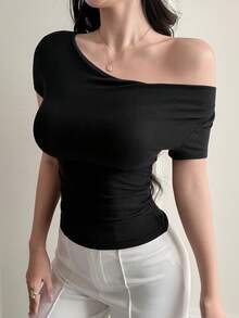 DAZY Women's Sexy Slim Fit Asymmetrical Shoulder Short Sleeve Casual Undershirt, Summer - Black - View 2