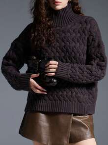 MYSTAURA Sweater Wanita Kasual Warna Polos dengan Kerah Tegak, Musim Gugur/Dingin - Dark Grey - View 4