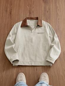 Manfinity Unisex 男士撞色领拉链休闲长袖外套 - 杏色 - 查看 2