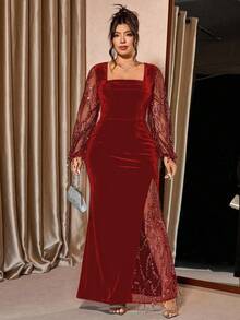 Cravure 加大码女式方领弹力紧身裤，黑色天鹅绒面料，饰以金属蕾丝和亮片，奢华派对必备，长袖，开衩下摆，及膝以上，适合秋冬季节，优雅派对风格，长款蕾丝连衣裙 - 紅色 - 查看 5