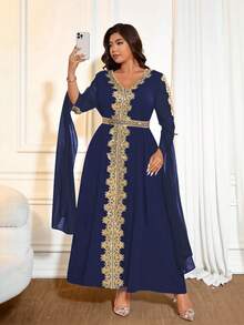 Cravure Plus Size Women's Style Patchwork Extra Long Sleeve Robe, Women's Solid Lace Trim Robe Gown - Navy Blue - View 5