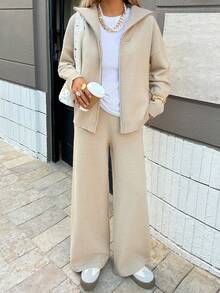 DAZY Set casual da donna composto da cardigan con chiusura lampo e spalle scoperte in colore unito e pantaloni a gamba ampia in maglia, adatto per l'autunno/inverno - Albicocca - Visualizzare 6