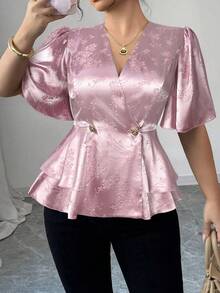 Elenzga 大码优雅交叉提花纹理面料荷叶袖修身衬衫，通勤、聚会、婚礼、派对等场合皆宜 - 粉色 - 查看 6