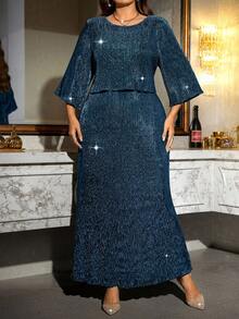 Reflora Vestido elegante de talla grande con cuello redondo y abertura, de unicolor - Azul - Ver 3