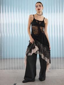 COUREZ 不对称蕾丝吊带长裙 / Y2K 冬季女装外出穿搭黑色连衣裙女式派对礼服圣诞节新年性感优雅 - 黑色 - 查看 1