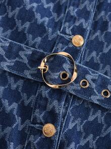 GlowEve 女士休闲/办公通勤全印花翻盖口袋系带牛仔连衣裙，春秋季 - 中等水洗藍 - 查看 3