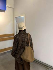 SHEIN K-Vae 宽松豹纹纽扣长袖衬衫，韩版 - 棕色 - 查看 2