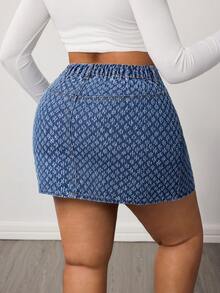 Slaydiva Plus Size Women's Denim Skirt With Embossed Pockets, Slim Fit, Textured Fabric, Medium Blue Denim Skirt, Bodycon Mini Skirt, Christmas Skirt, New Year's Skirt, Valentine's Day Skirt, Mother's Day Skirt, Casual Outing Skirt, Y2K Skirt - Medium Wash - View 4