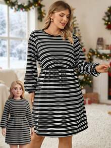 EMERY ROSE Vestido casual de talla grande con cuello redondo, mangas farol y rayas, otoño - Multicolor - Ver 7