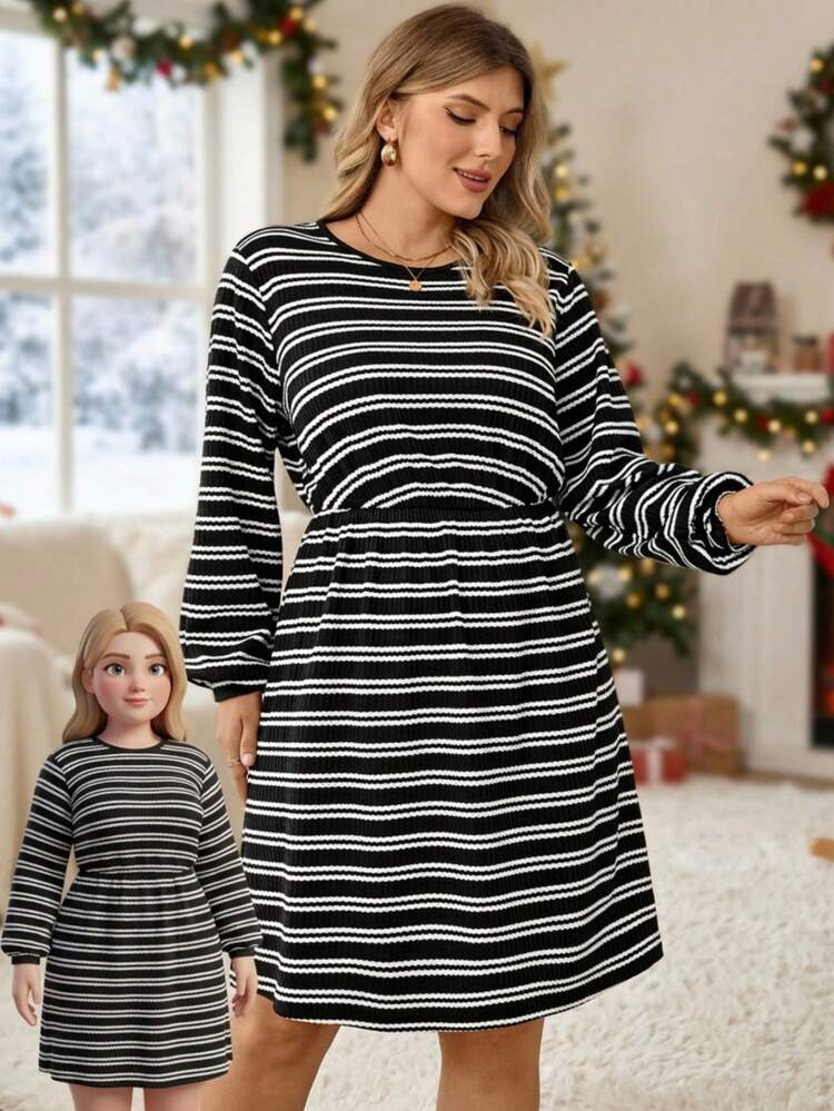 Plus Size Casual Striped Round Neck Lantern Sleeve Dress, Autumn Long Sleeve Dresses For Women Plus Size Winter Dresses Striped Dresses New Year Outfit  Christmas Outfit For Women